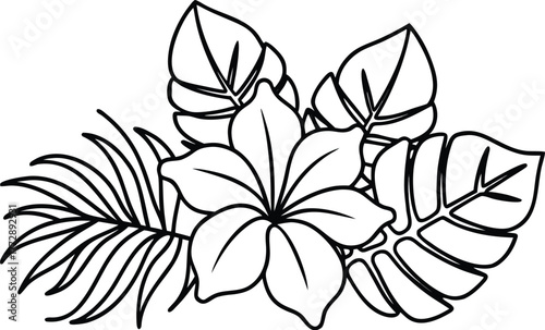 Vibrant tropical leaves and hibiscus flower seamless pattern design with lush foliage and exotic blooms