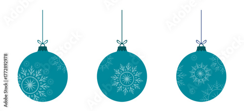 Abstract colorful flat retro style christmas baubles set with snowflake decoration. Glass balls collection with ice flake to use for christmas card, xmas, winter holiday, new year projects. 