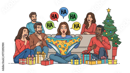 Christmas Gift Unveiling: A circle of friends gathered during the holiday season, erupts in laughter and amusement as a friend unveils an enormous and silly gift.