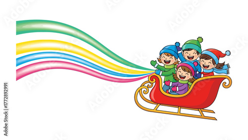 Joyful Sleigh Ride: Capturing the Delight of Childhood in a Festive Winter Scene, a vibrant illustration of children embarked on an imaginary journey in a red sleigh.