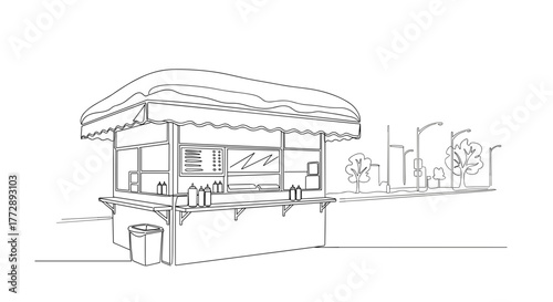 Food kiosk illustration with a canopy on urban street scene  