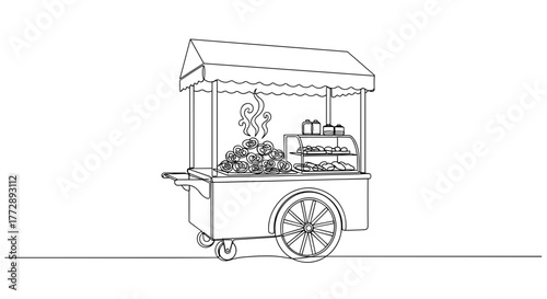 Hand-drawn food cart with variety of snacks and drinks on display  
