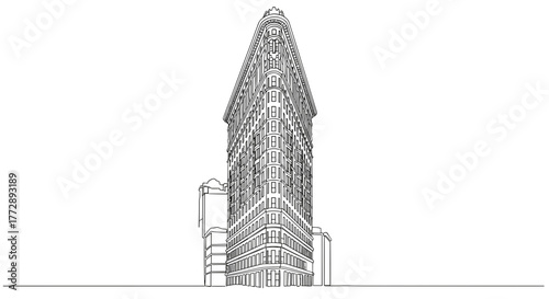 Detailed illustration of iconic skyscraper with pointed roof design  