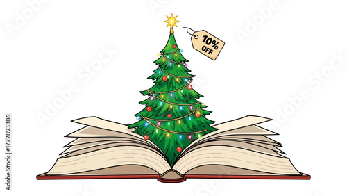 Festive Literary Discount: A Christmas tree adorned with ornaments and lights springs forth from the pages of an open book, accompanied by a tag offering a ten percent discount.