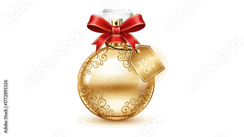 Elegant Perfume Bottle: A luxurious perfume bottle, adorned with a delicate red bow, a golden price tag offers a sophisticated visual appeal, creating an atmosphere of indulgence.