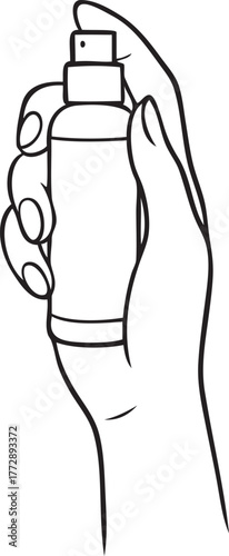 Hand holding spray bottle — line art