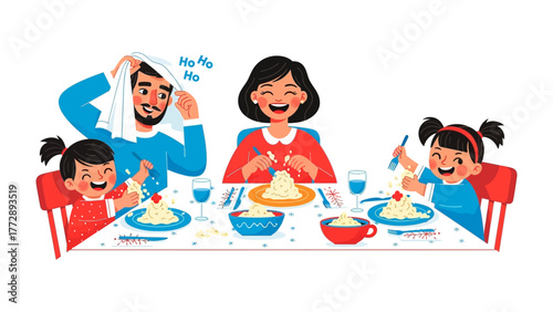 Family Dinner Delight: A loving family shares laughter and a delicious meal around a beautifully set table, the air filled with joy and connection. 