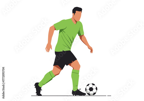 Vector illustration of a male soccer player in a green uniform dribbling a football on a white background.
