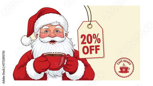Festive Delight: Santa Claus indulges in a cup of coffee while advertising a special 20% discount offer, presenting a cheerful promotion.