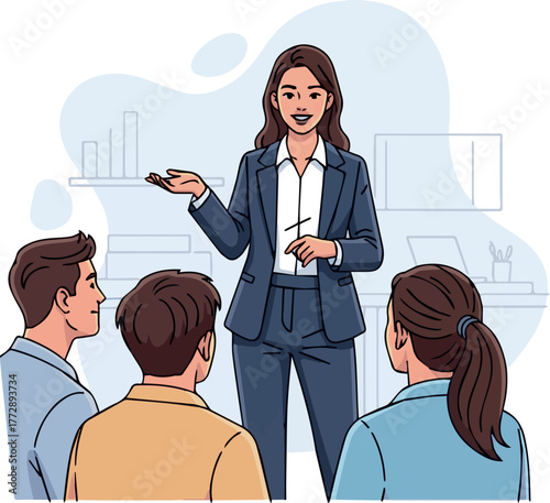 A Beginner Explainer Business woman sheared to others meting time