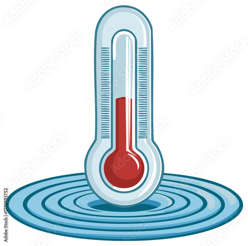 Cartoon Thermometer Indicating High Temperature Above Rippling Water Surface