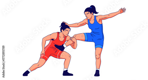 Two female wrestlers in red and blue singlets competing in a match on a white background.