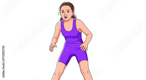 Illustration of a young female wrestler in a purple singlet standing in a ready stance on a white background.