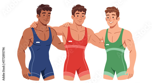 Three diverse male wrestlers in colorful singlets standing together as a team, smiling and embracing.