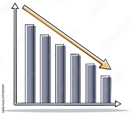 Hand drawn style bar graph displaying a continuous downward trend and data decrease arrow