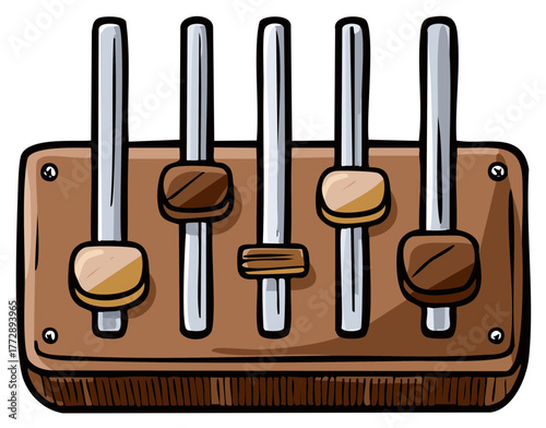 Cartoon style audio mixer faders on a control panel for sound adjustment