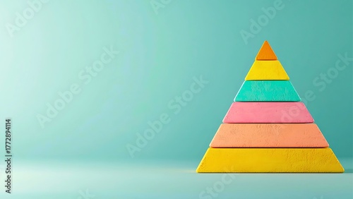 A colorful pyramid model representing various levels and hierarchy, set against a calming backdrop. This abstract design represents progression, structure, and organization