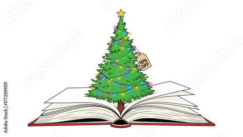 Christmas Tree in Book: A delightful scene of holiday cheer, with a vibrant Christmas tree popping out of an open book. A tag on tree says gift idea, evokes warmth of festive season