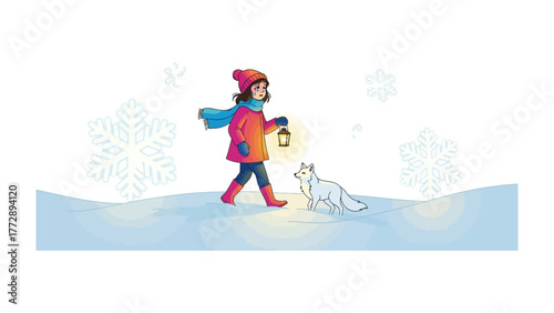Winter Explorer and Arctic Fox: A charming scene unfolds as a young girl, warmly bundled in winter attire, embarks on a snowy adventure, accompanied by a loyal arctic fox.