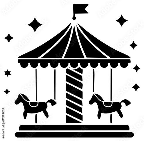 Silhouette of a vintage merry-go-round with horses, stars, and a striped pole for festive design elements or decorative purposes.