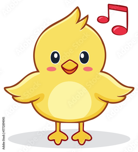 Adorable cartoon yellow chick singing with musical notes flying around