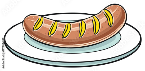 Cartoon Sausage with Yellow Slices on a Plate