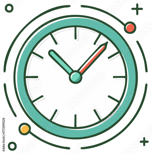 Modern flat design clock illustration with teal and coral accents and circular motion lines