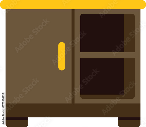 This brown wooden cabinet with open shelves and a yellow top is a stylish and functional storage solution