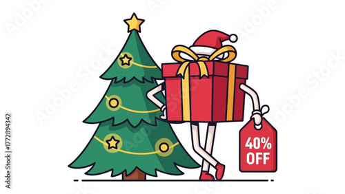 Holiday Gift Promotion: A festive holiday illustration presents a charming scene, featuring a vibrant Christmas tree with a star topper and a whimsical gift box character.