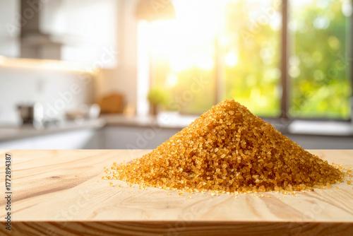 A pile of brown sugar sits on a wooden table in a bright, sunlit kitchen.