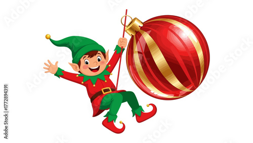 Cheerful Elf and Festive Ornament: A joyful elf, adorned in traditional attire, playfully swings alongside a decorative red ornament, capturing the merry spirit of the holiday season.