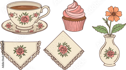 Cartoon illustration of a teacup, cupcake, flower vase, and lace handkerchiefs on transparent background