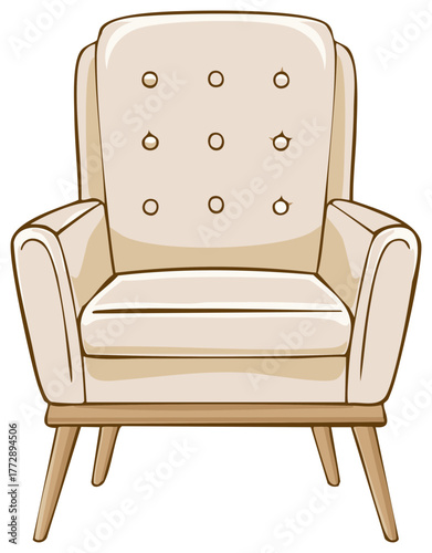 Cream Armchair Illustration with Buttons and Wooden Legs