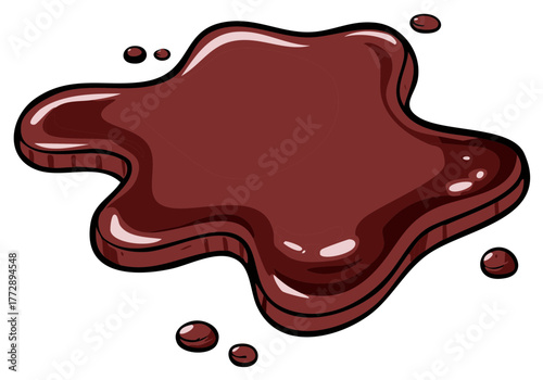 Chocolate sauce puddle with small droplets, tasty treat illustration, dessert topping vector.