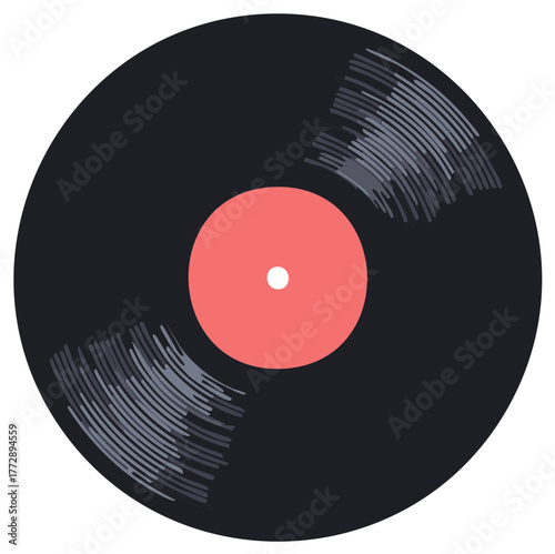 Black Vinyl Record with Red Label and Gray Grooves