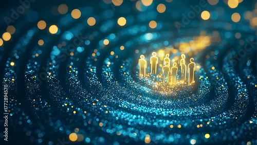 Abstract glowing illustration of group of people on spiral path 