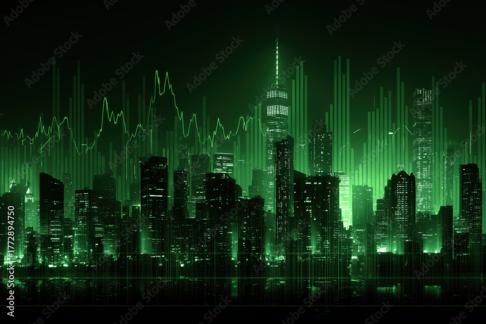 Naklejka premium Modern city skyline featuring tall skyscrapers illuminated with green digital light effects, abstract financial graph lines overlaying buildings, representing futuristic urban technology