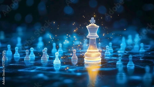 A chess game, featuring glowing chess pieces on a digital board, emphasizes strategy and strategic thinking
