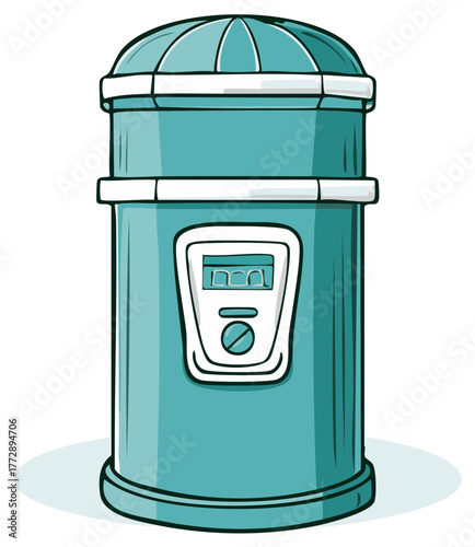 Retro style teal colored parking meter illustration with digital display and knob