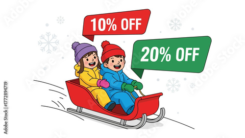 Winter Wonderland Sale: Two cheerful children enjoy a snowy sled ride, accompanied by enticing discount banners.