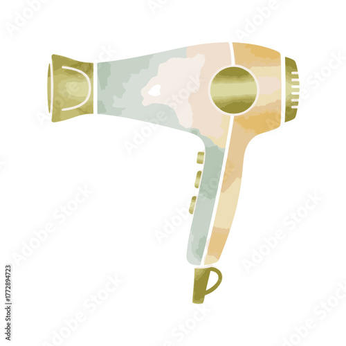 Watercolor style illustration of a hair dryer. Beauty salon and personal care equipment icon. Stylized vector graphic isolated on a transparent background