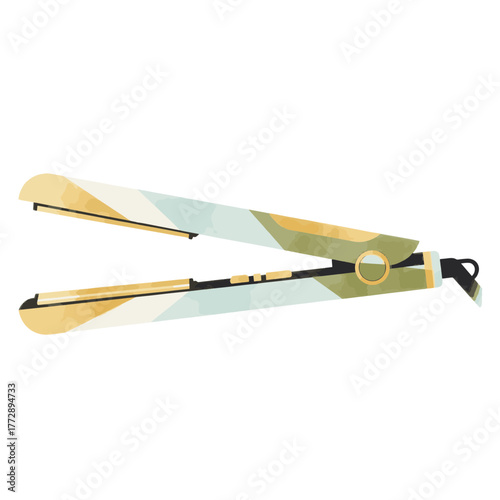 Flat vector style illustration of a hair straightener. Modern hairstyling tool with an abstract pattern. Beauty and salon equipment graphic