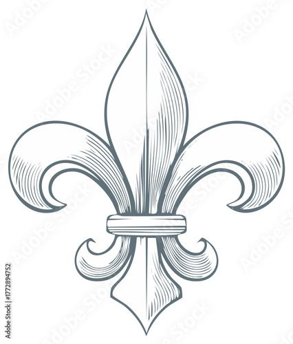 Elegant Fleur-de-lis Illustration: Detailed line art featuring the French Lily symbol, heraldic emblem with engraved effect.