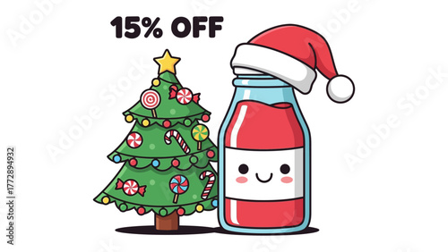 Festive Drink Special: A charming holiday illustration, featuring a cheerful beverage jar adorned with a santa hat next to a decorated christmas tree, promoting a 15% OFF offer.