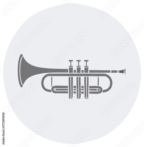 Graphic illustration of a silver trumpet with three valves on a light grey circular background.