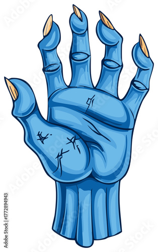 Scary blue monster hand with sharp bony claws reaching up vector illustration