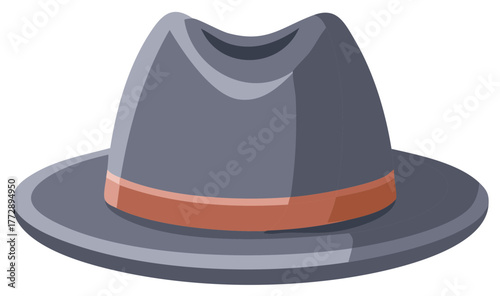 Stylish gray fedora hat with orange band, modern accessory graphic illustration.