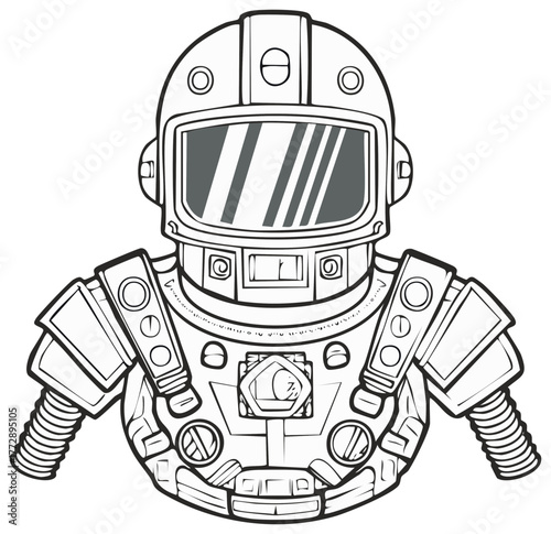Outlined Illustration of Astronaut in Space Suit with Helmet and Details for Coloring Book Page