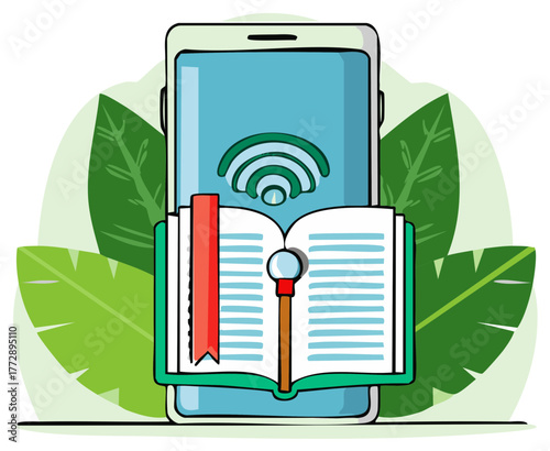 Online education and digital library concept with a smartphone, open book, and Wi-Fi connection illustration