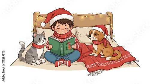 Festive Storytime: A young boy, nestled amidst the Christmas spirit, shares a story with his loyal companions, a curious cat and a playful dog. Cozy scene, warm with Christmas cheer.